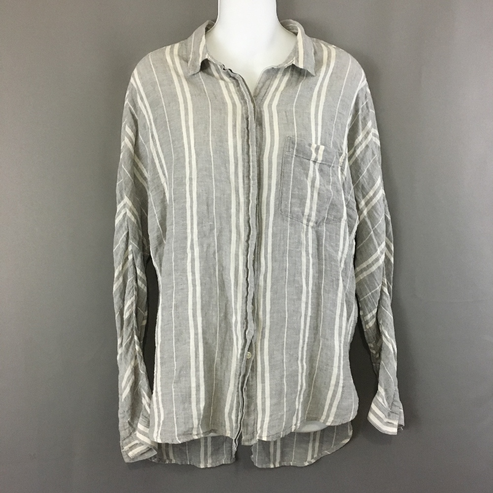 Lucky Brand Blouse Button Up Gray Lined Linen Blen
